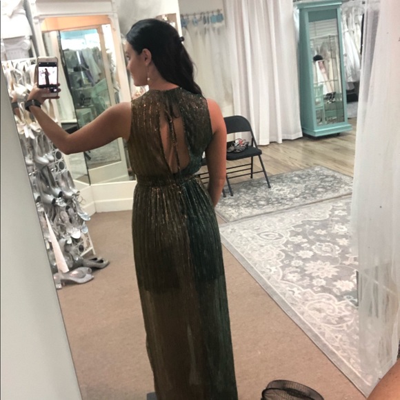 Metallic Turquoise and Gold Plunging Neckline Gown - Picture 3 of 8